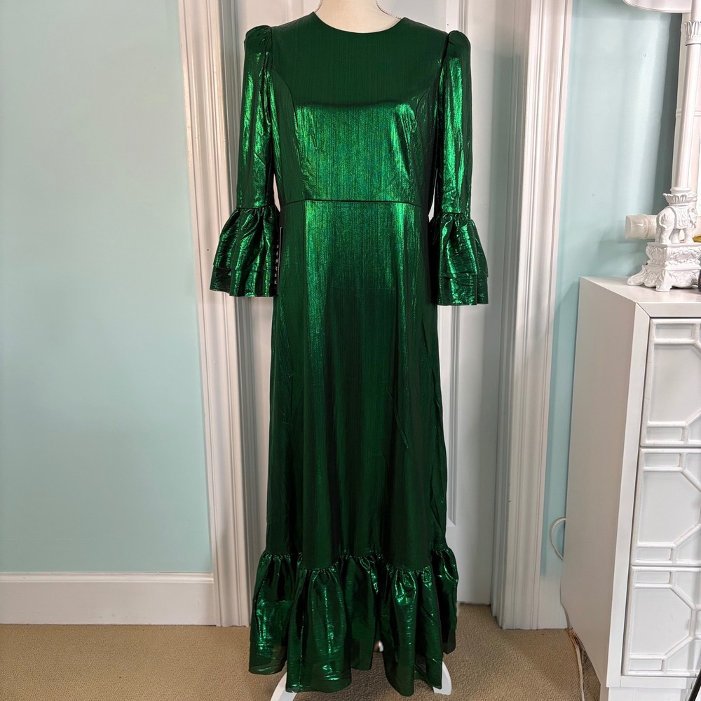 Tuckernuck Pomander Place Lillith  Emerald Green Metallic Ruffle Maxi Dress L